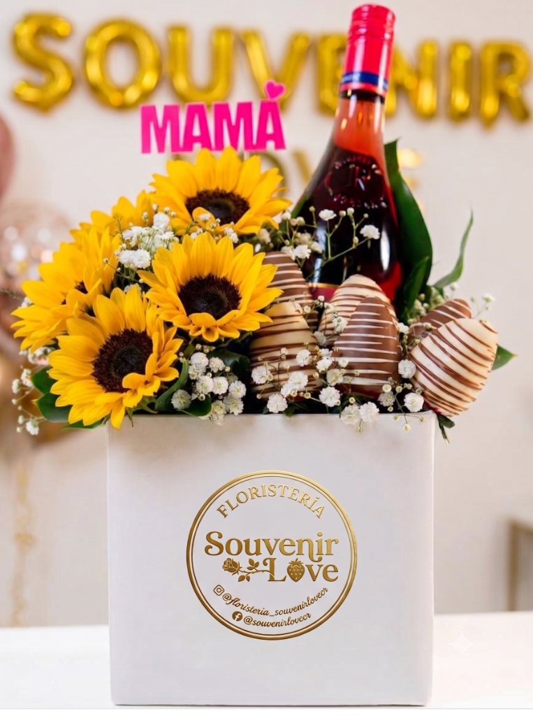 Caja Premium Girasoles, Fresas & Vino